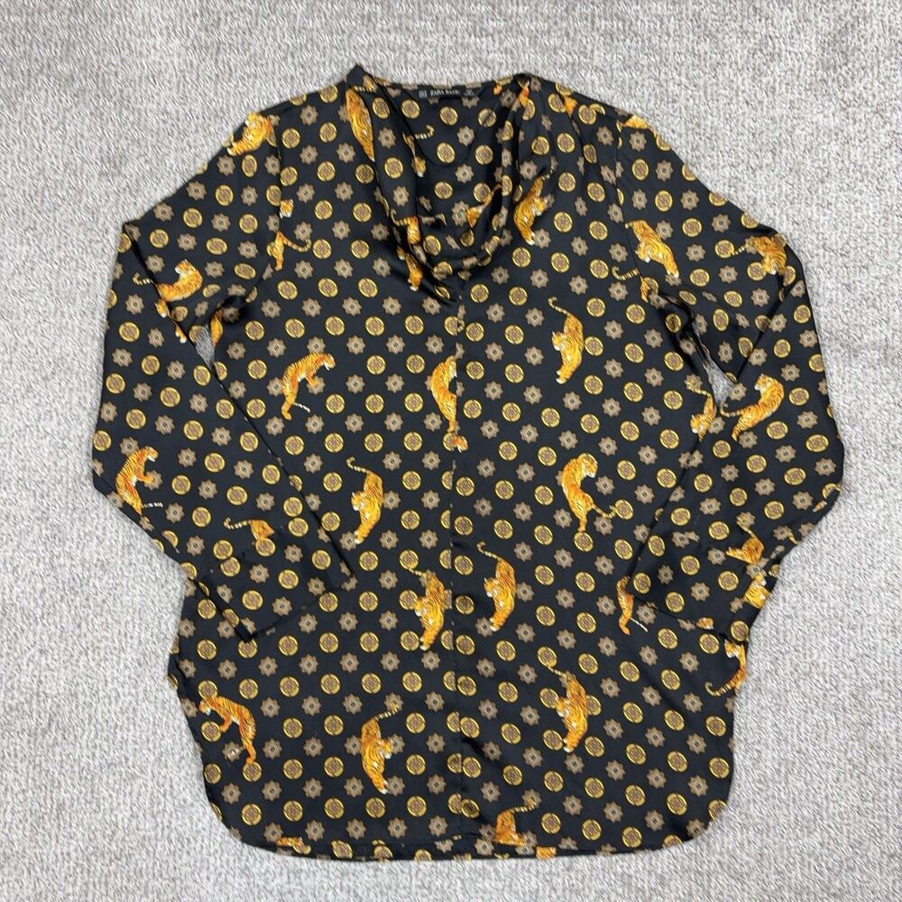 Zara Top Womens Medium Black Tiger Print Tunic Boho Festival Satin Blouse